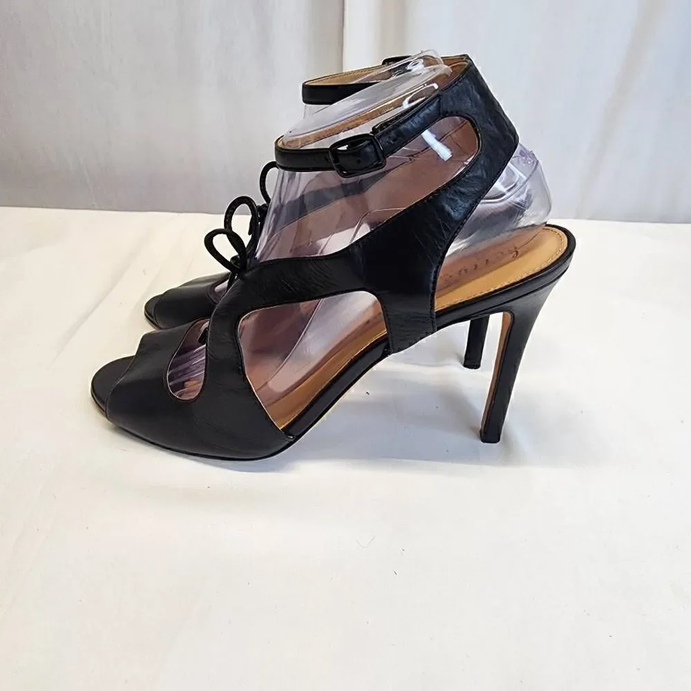 Bettye Mueller Black Leather Pumps Cut Out Ankle Strap Size 9.5
